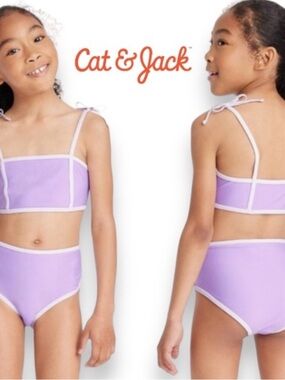 Cat & Jack Girls' Two-Piece Purple with White Lace Bow-Tie Swimsuit NWT SIZE 7/8